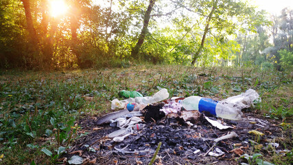 Social problem - Environmental pollution, garbage in the forest, park