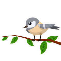 Forest grey bird sitting on a tree branch. Cute Animal with wings and green leaves. Illustration for greeting cards. Cartoon flat illustration