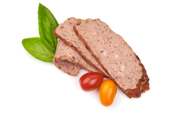 Sliced Baked meatloaf, minced meat roll, isolated on white background
