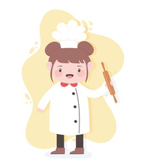 cute girl chef cartoon character holding rolling pin kitchen utensil