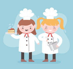 chefs girl cartoon character with pot ladle and cake
