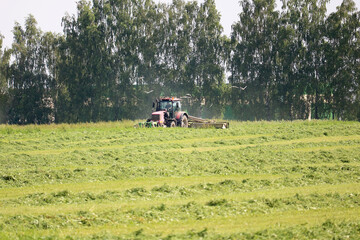 tractor mows green grass	