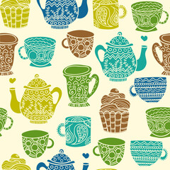Different tea cups, pots background. Tea time seamless pattern. Design for kitchen textile, invitation card, wrapping, wallpaper, web pages background, bakery or cafe menu. Vector illustration