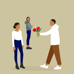 A man gives a woman flowers, and another woman watches them