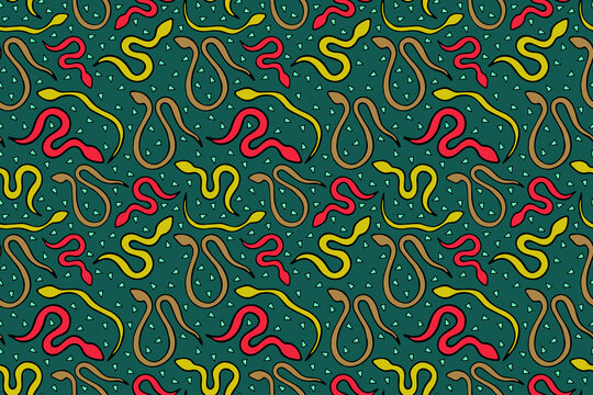 Bright snake vector seamless pattern. Hand drawn repeated reptile illustration for fabric, textile, background, wallpaper, wrapping paper. 