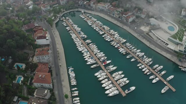 Aerial view of Tarabya private yacht harbor. 4K Footage in Turkey