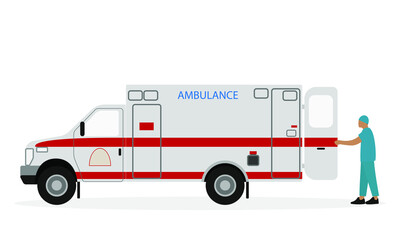 Orderly in uniform opens the back door of an ambulance