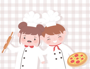 cute girl and boy chefs cartoon character with roller pin and pizza