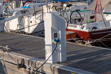 Cagnes-sur-Mer , France 22.07.2020 Electricity and water station in yacht harbor. Charging station for boats, electrical.