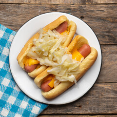 Montreal hot dog with cabbage on wooden background