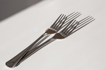 Two elegant stainless forks on white table with sharp sunny shadow.