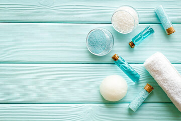 Lauout of blue sea spa cosmetics. Top view