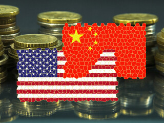 USA and China flag mosaic. Flags are in front of banknotes and coins. The concept of relations...