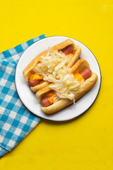 Montreal hot dog with cabbage on yellow background