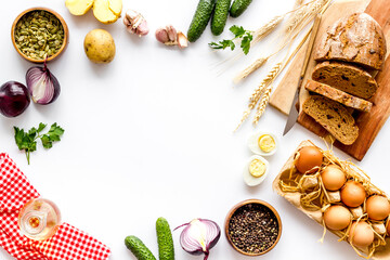 Frame of food background. Dinner table with fresh homemade food. Top view