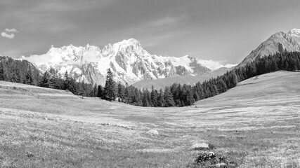 Obraz premium High mountain peaks in Italy, Aosta Valley, La Thuile. Monochrome