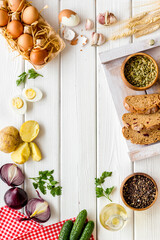 Frame of food background. Dinner table with fresh homemade food. Top view