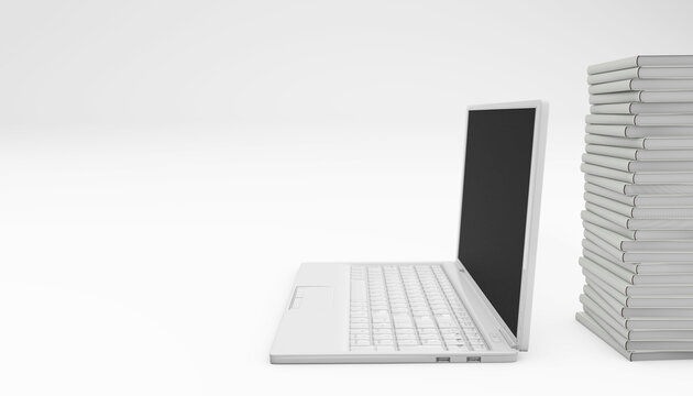 Laptop with books white. Online reading concept. 3d rendering