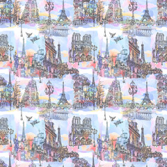 Fototapeta premium Paris - Watercolor seamless wallpaper. Parisian streets, Notre Dame, cafes and the Seine embankment overlooking the Eiffel Tower