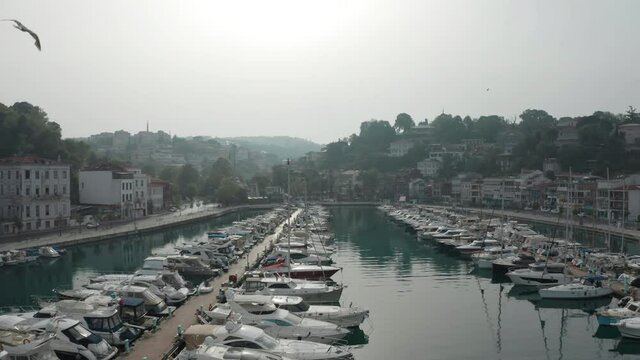 Aerial view of Tarabya private yacht harbor. 4K Footage in Turkey