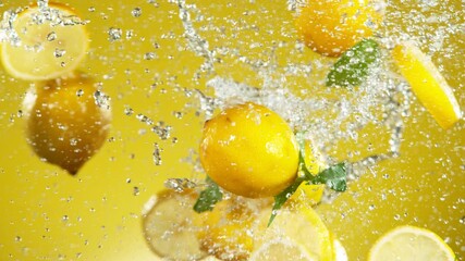 Super slow motion of lemon hitting in the air with water splashes. Filmed on high speed cinema camera, 1000 fps. - Powered by Adobe