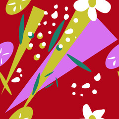 Seamless pattern with flowers and triangles on red background, vector