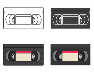 Collection of old videotapes. Icon set in different styles.