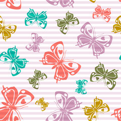 Flying butterfly silhouettes over striped background vector seamless pattern.