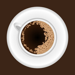 Cup of coffee with froth and saucer top view. Vector graphic.
