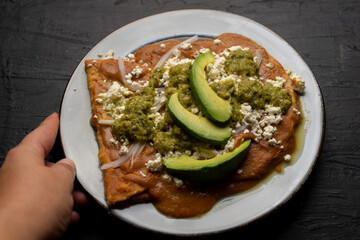 Mexican enfrijoladas with green sauce on dark background