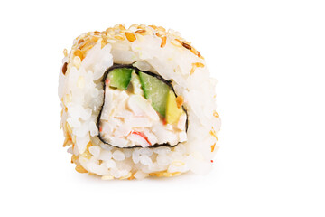 Sushi roll (California) with crab meat, avocado, cucumber isolated on white background. Japanese food