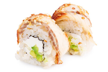 Sushi roll (California) with cream cheese, avocado and smoked eel on white background. Japanese food