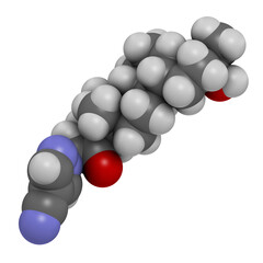 Zuranolone drug molecule. 3D rendering. Atoms are represented as spheres with conventional color coding: hydrogen (white), carbon (grey), nitrogen (blue), oxygen (red).