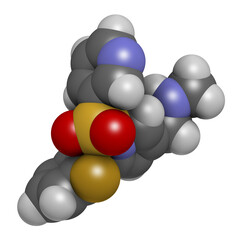 Vonoprazan drug molecule. 3D rendering. Atoms are represented as spheres with conventional color coding.