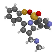 Vonoprazan drug molecule. 3D rendering. Atoms are represented as spheres with conventional color coding.