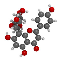 Vitexin passion flower molecule. 3D rendering. Atoms are represented as spheres with conventional color coding: hydrogen (white), carbon (grey), oxygen (red).