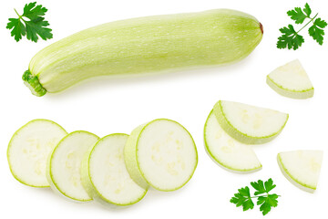 fresh green zucchini or marrow with slices and parsley isolated on white background. Top view