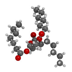 Triheptanoin drug molecule. 3D rendering. Atoms are represented as spheres with conventional color coding: hydrogen (white), carbon (grey), oxygen (red).