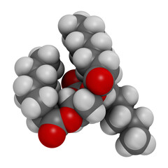 Triheptanoin drug molecule. 3D rendering. Atoms are represented as spheres with conventional color coding: hydrogen (white), carbon (grey), oxygen (red).