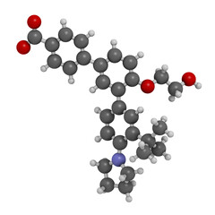 Trifarotene acne drug molecule. 3D rendering. Atoms are represented as spheres with conventional color coding: hydrogen (white), carbon (grey), nitrogen (blue), oxygen (red).