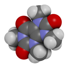 Theacrine molecule. Caffeine analog present in kucha tea. 3D rendering. Atoms are represented as spheres with conventional color coding: hydrogen (white), carbon (grey), oxygen (red), nitrogen (blue).