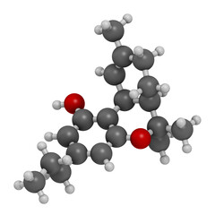 Tetrahydrocannabivarin or THCV cannabinoid molecule. 3D rendering. Atoms are represented as spheres with conventional color coding: hydrogen (white), carbon (grey), oxygen (red).