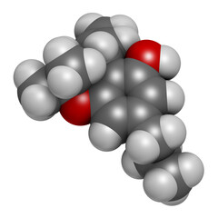 Tetrahydrocannabivarin or THCV cannabinoid molecule. 3D rendering. Atoms are represented as spheres with conventional color coding: hydrogen (white), carbon (grey), oxygen (red).