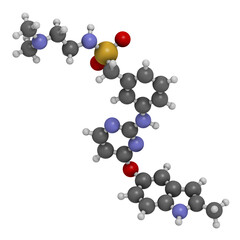 Surufatinib cancer drug molecule. 3D rendering. Atoms are represented as spheres with conventional color coding: hydrogen (white), carbon (grey), nitrogen (blue), oxygen (red), sulfur (yellow).