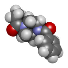 Sunifiram molecule. Potential nootropic. 3D rendering. Atoms are represented as spheres with conventional color coding: hydrogen (white), carbon (grey), oxygen (red), nitrogen (blue).