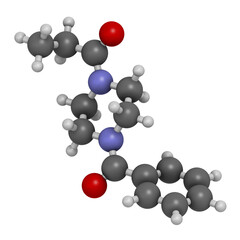 Sunifiram molecule. Potential nootropic. 3D rendering. Atoms are represented as spheres with conventional color coding: hydrogen (white), carbon (grey), oxygen (red), nitrogen (blue).