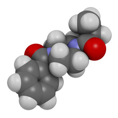 Sunifiram molecule. Potential nootropic. 3D rendering. Atoms are represented as spheres with conventional color coding: hydrogen (white), carbon (grey), oxygen (red), nitrogen (blue).