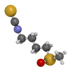 Sulforaphane cruciferous vegetable molecule. 3D rendering. Atoms are represented as spheres with conventional color coding.