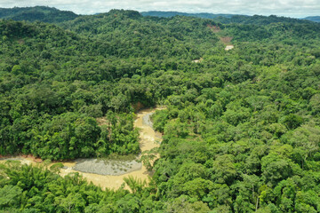 Aerial view of a large and fast flowing tropical river with muddy brown water in a rainforest