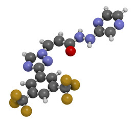 Selinexor cancer drug molecule. 3D rendering. Atoms are represented as spheres with conventional color coding: hydrogen (white), carbon (grey), nitrogen (blue), oxygen (red), fluorine (gold).